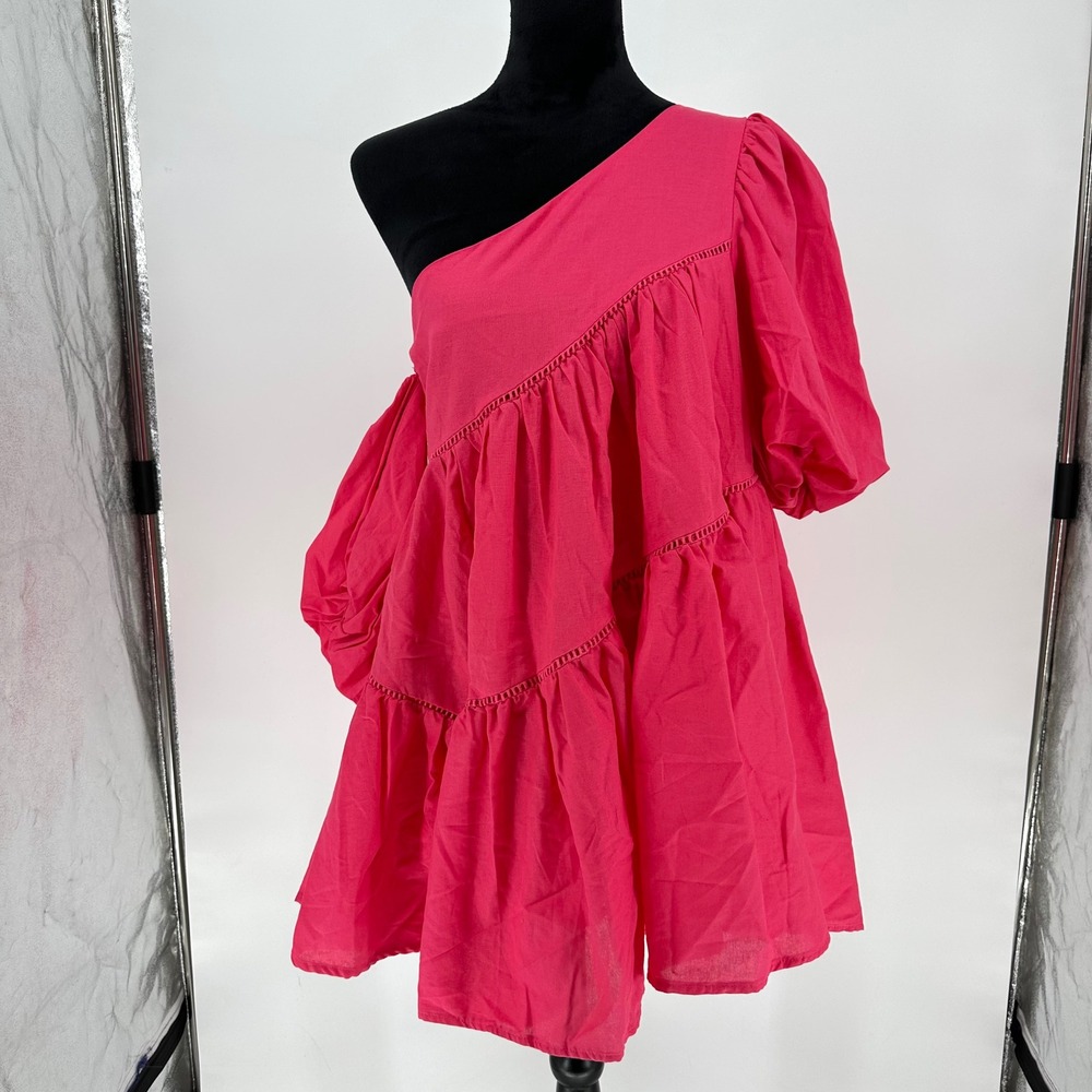 NEW‎ Showpo Harleen Asymmetrical Trim Mini Dress Pink Ruffle Puff Sleeve US 6 - Picture 4 of 7